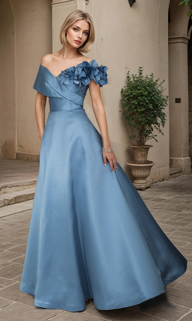 Janique 2606 Pique Mikado 3D Floral Accent Off Shoulder Gown