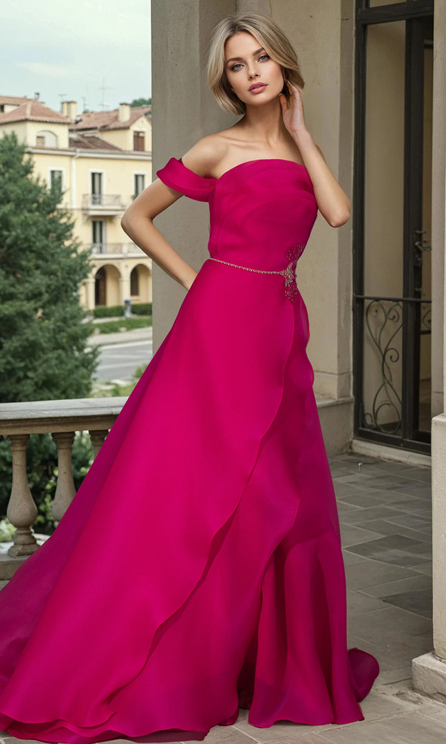 Janique 2607 Satin Organza Beaded Scoop Neck Evening Dress