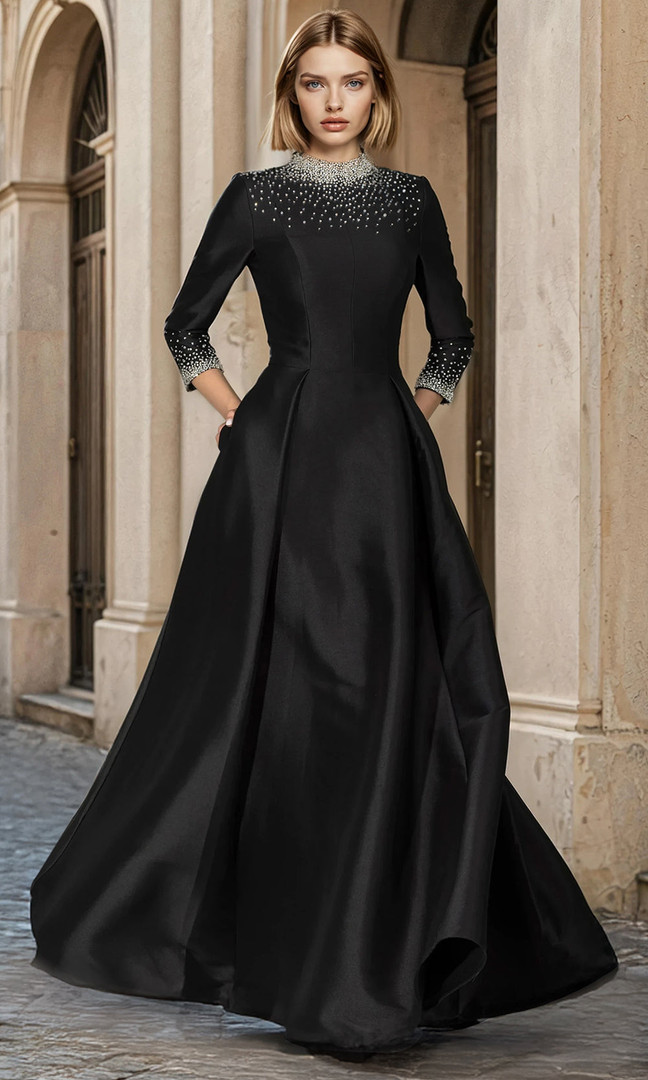 Janique 2612 Stretch Mikado Embellished High Neck Long Gown