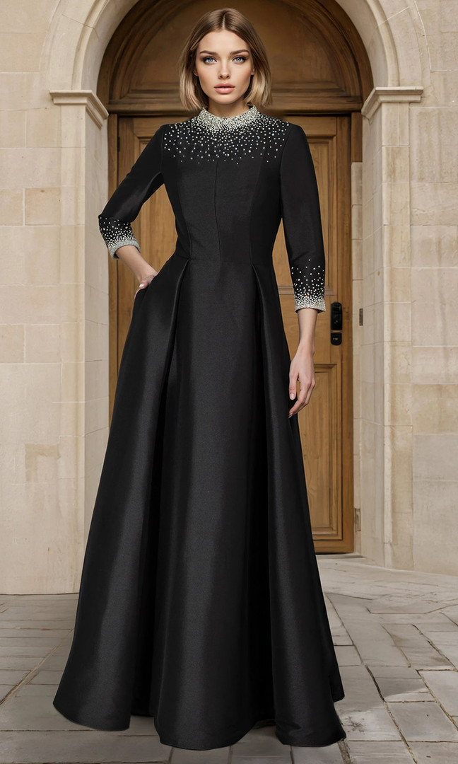 Janique 2612 Stretch Mikado Embellished High Neck Long Gown