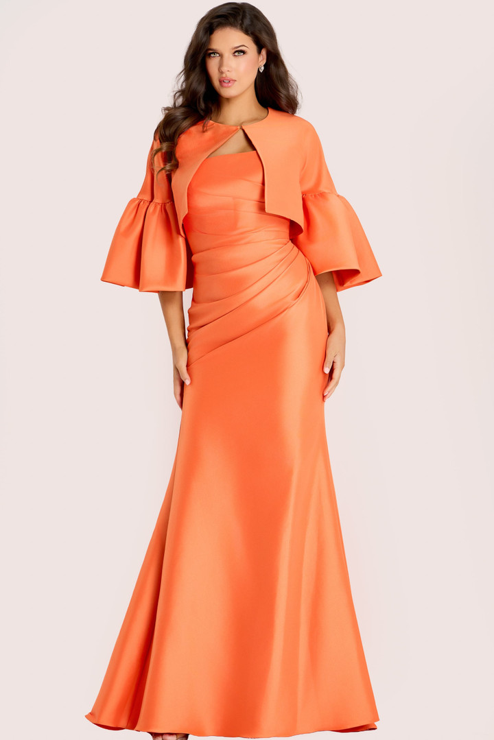 Jovani 44196 Draped Satin Strapless Bolero Jacket Long Gown
