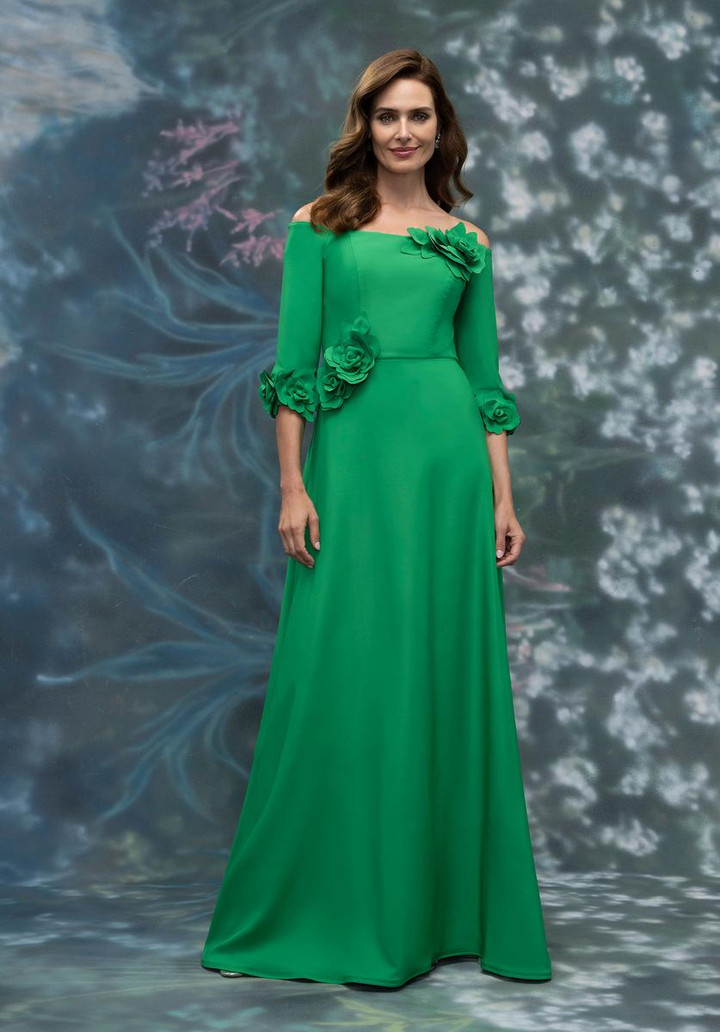 MGNY By Morilee 2070002 Crepe 3D Floral Off Shoulder Gown