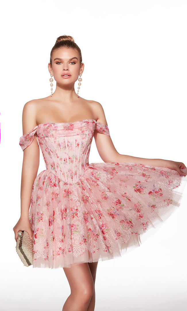 Alyce Paris 30021 Chantilly Lace Floral Prints Short Dress