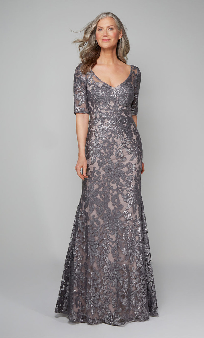 Alyce Paris 27497 Patterned Sequin V-Neck Short Sleeve Gown