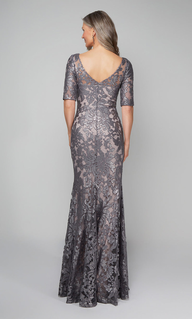 Alyce Paris 27497 Patterned Sequin V-Neck Short Sleeve Gown