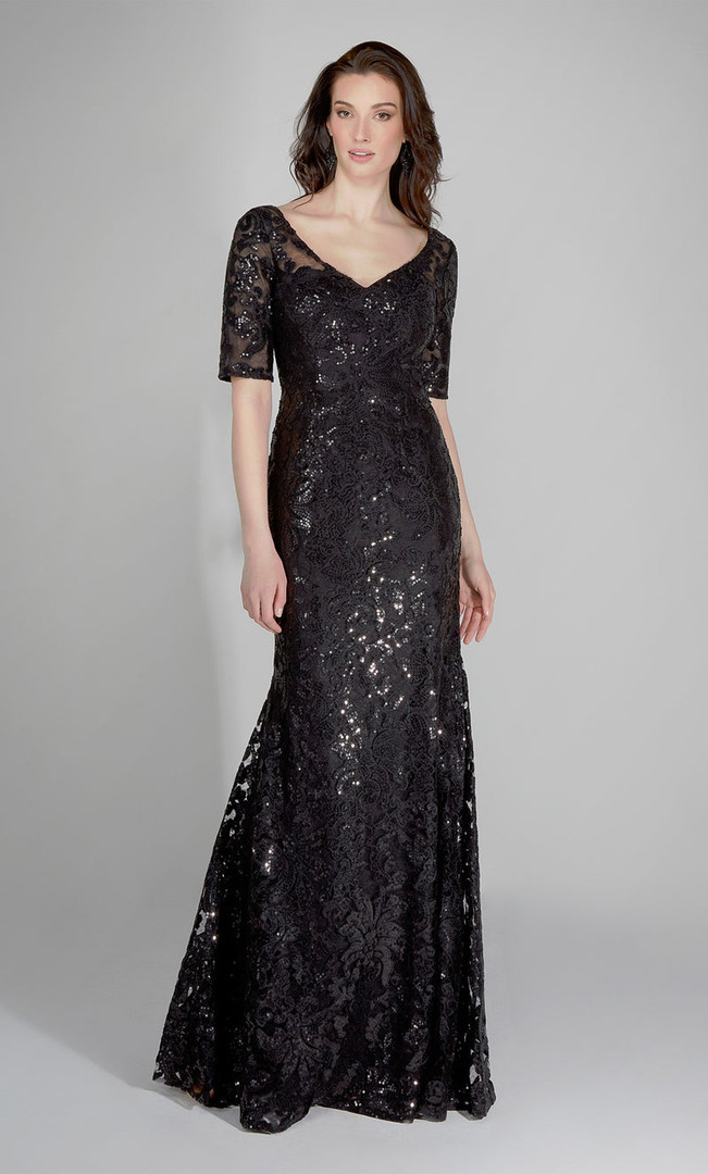 Alyce Paris 27497 Patterned Sequin V-Neck Short Sleeve Gown