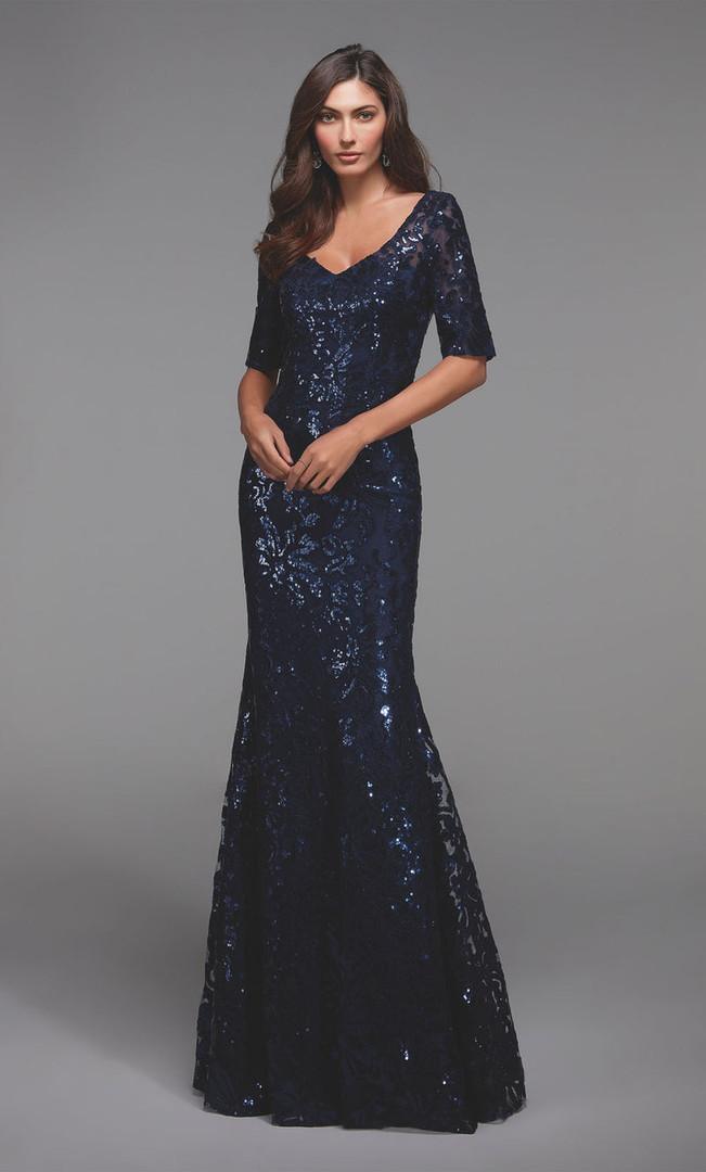 Alyce Paris 27497 Patterned Sequin V-Neck Short Sleeve Gown