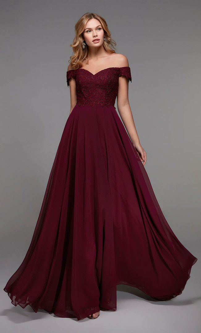 Alyce Paris 27510 Chiffon Lace Off Shoulder Cap Sleeve Gown