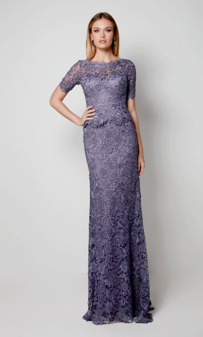 Alyce Paris 27555 Floral Lace Sheer Short Sleeves Gown