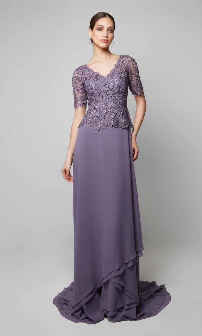 Alyce Paris 27556 Lace Chiffon V-Neck Short Sleeves Gown