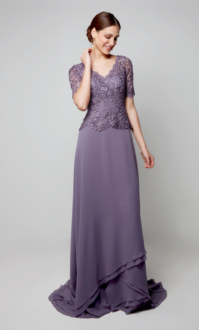 Alyce Paris 27556 Lace Chiffon V-Neck Short Sleeves Gown