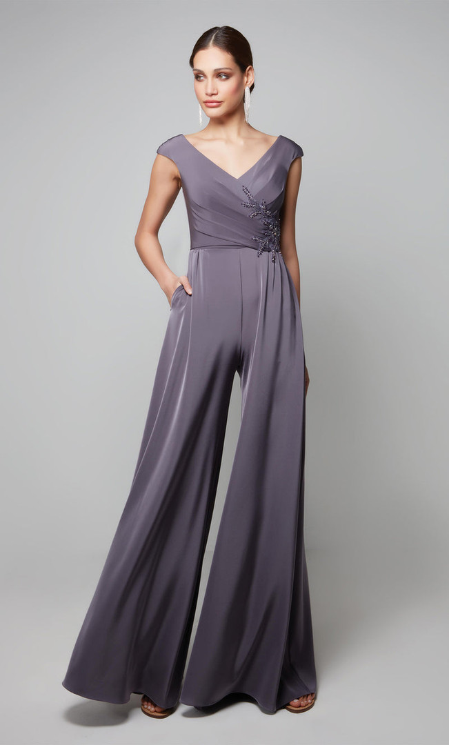 Alyce Paris 27559 Faille Cap Sleeves Wide Leg Jumpsuit
