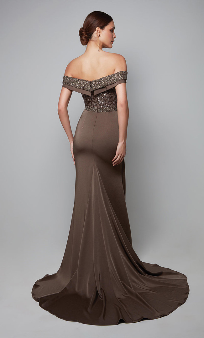 Alyce Paris 27619 Stretch Crepe Beaded Off Shoulder Gown