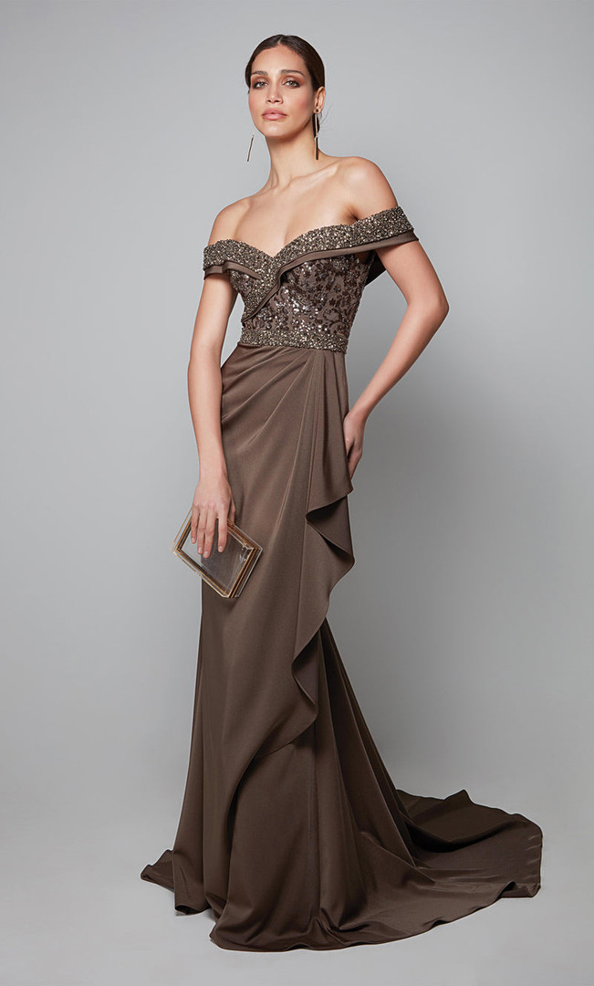 Alyce Paris 27619 Stretch Crepe Beaded Off Shoulder Gown