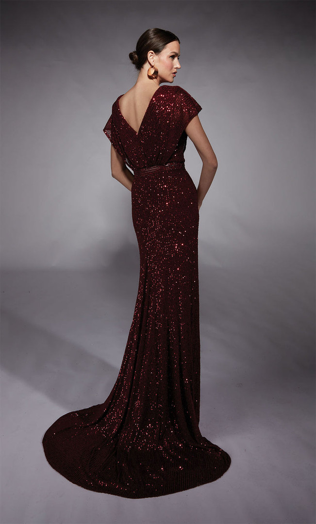 Alyce Paris 27708 Linear Sequins V-Neck Short Sleeve Gown