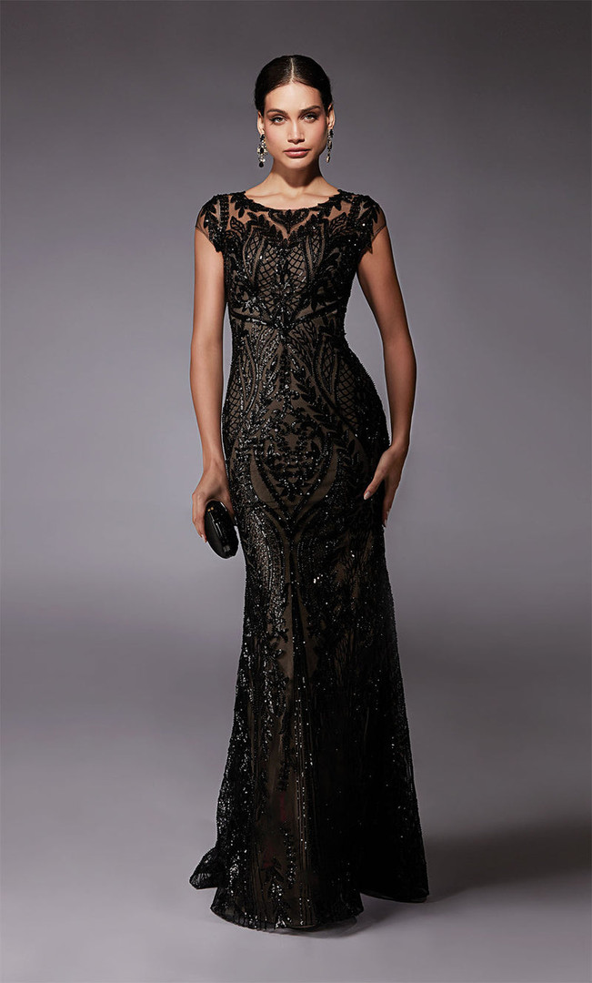 Alyce Paris 27716 Patterned Sequins Cap Sleeves Sheath Gown