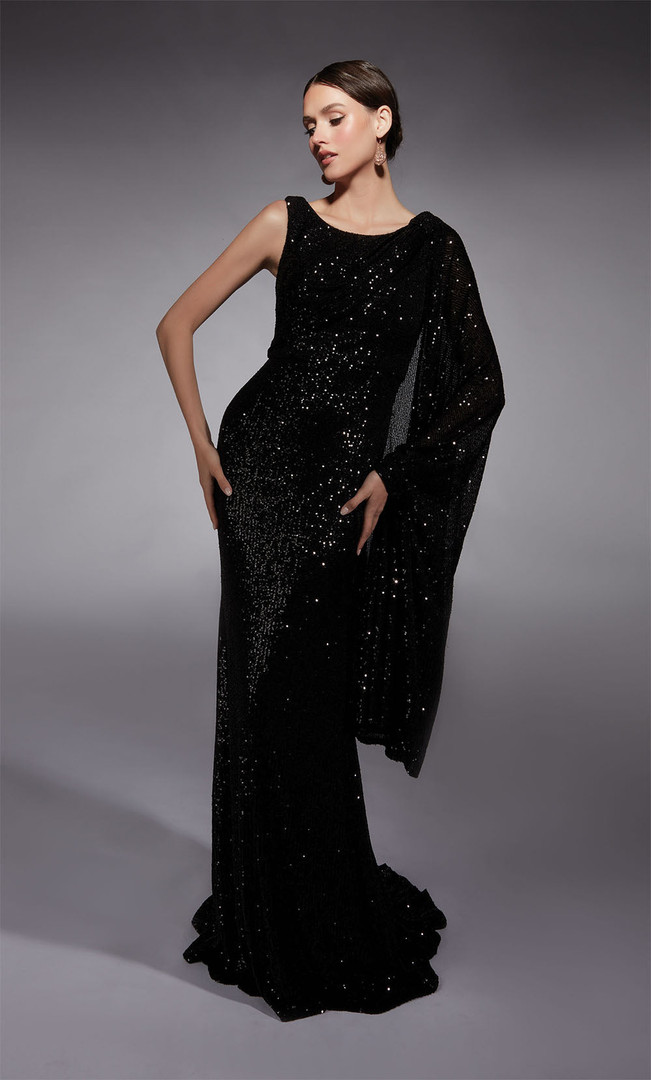 Alyce Paris 27718 Linear Sequins One-Shoulder Cape Gown