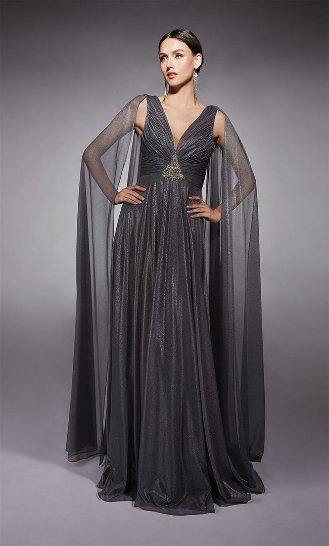 Alyce Paris 27720 Metallic Chiffon Plunging V-Neck Gown