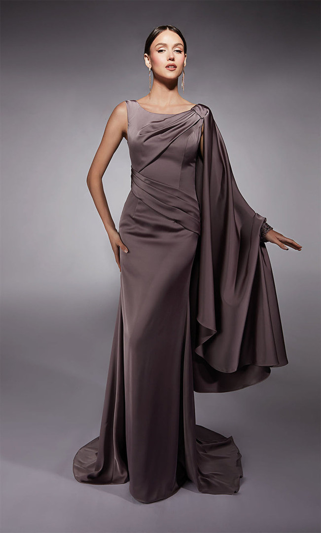 Alyce Paris 27722 Satin Long Draped Sleeve Sheath Gown