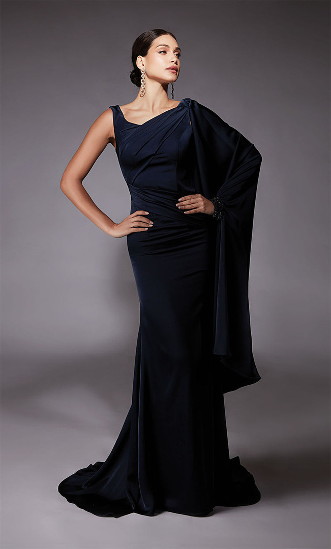 Alyce Paris 27722 Satin Long Draped Sleeve Sheath Gown