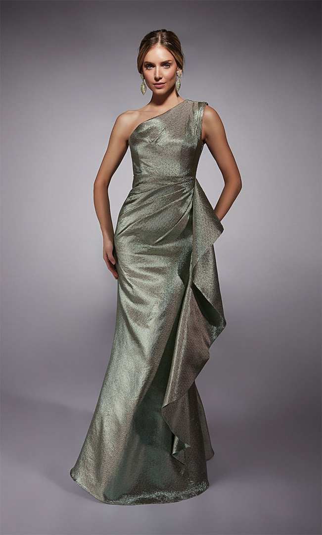 Alyce Paris 27751 Jacquard One Shoulder Side Ruffle Gown