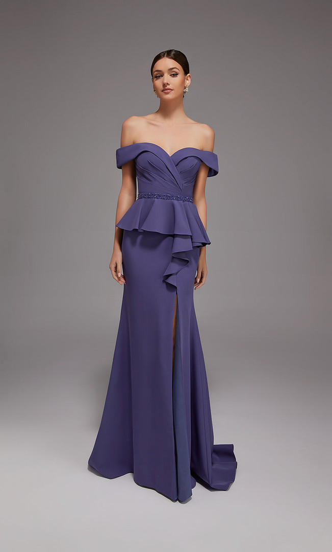 Alyce Paris 27829 Italian Knit Off Shoulder Peplum Gown