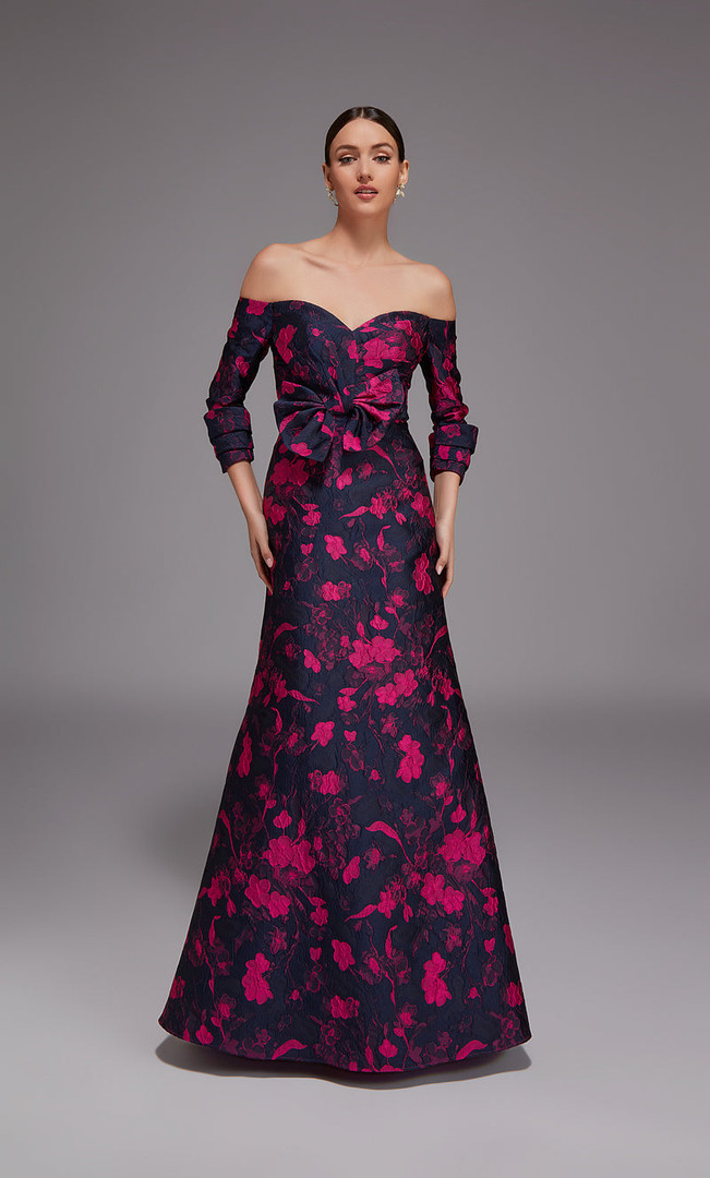 Alyce Paris 27833 Jacquard Floral Pattern Off Shoulder Gown