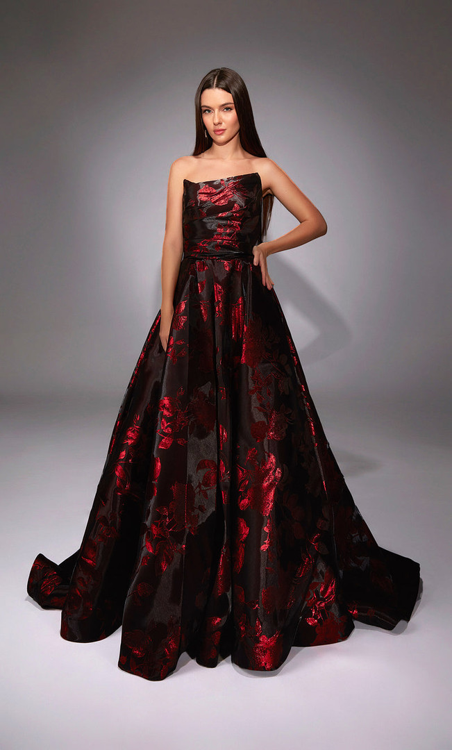 Alyce Paris 27862 Jacquard Floral Pattern Strapless Gown