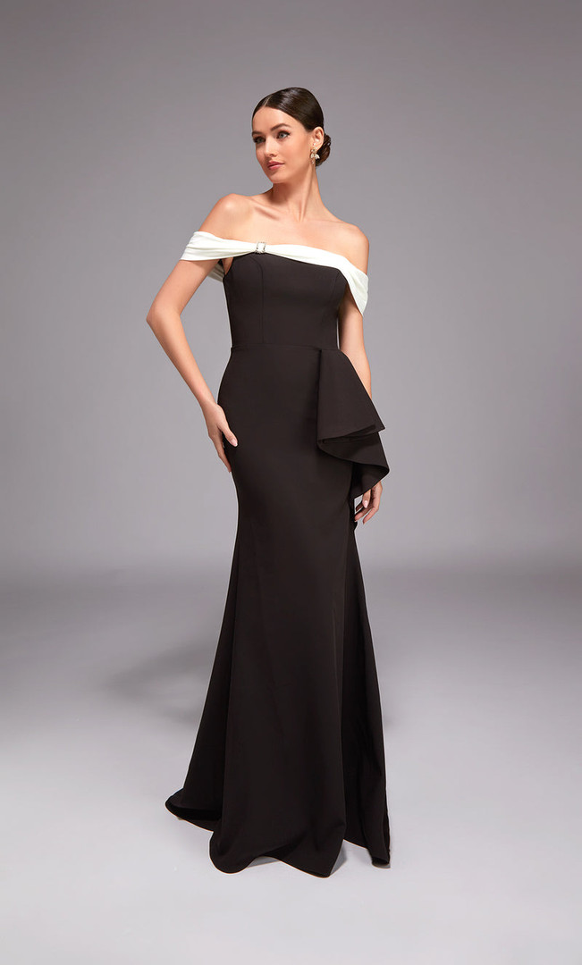 Alyce Paris 27877 Italian Knit Satin Off Shoulder Long Gown