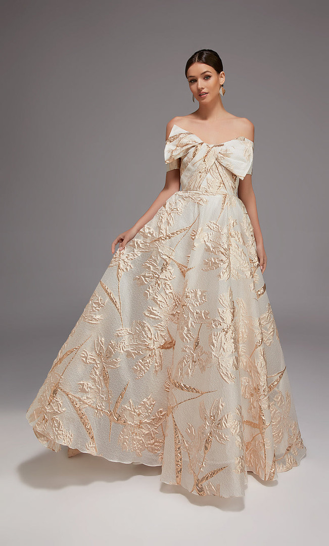 Alyce Paris 27804 Organza Jacquard Metallic Leaf Motif Gown