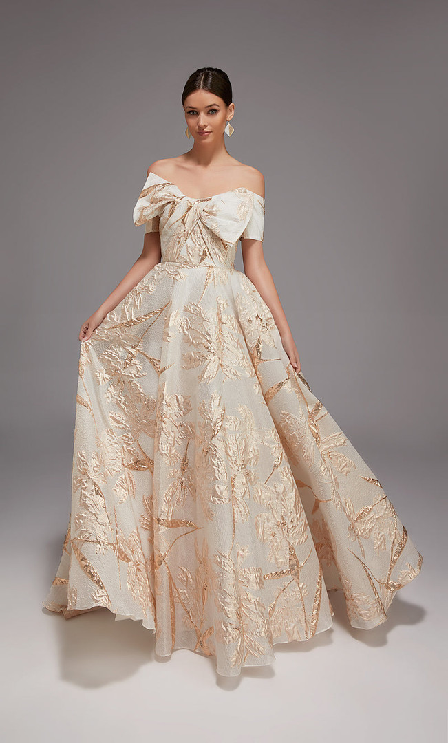 Alyce Paris 27804 Organza Jacquard Metallic Leaf Motif Gown