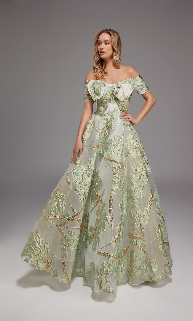 Alyce Paris 27804 Organza Jacquard Metallic Leaf Motif Gown
