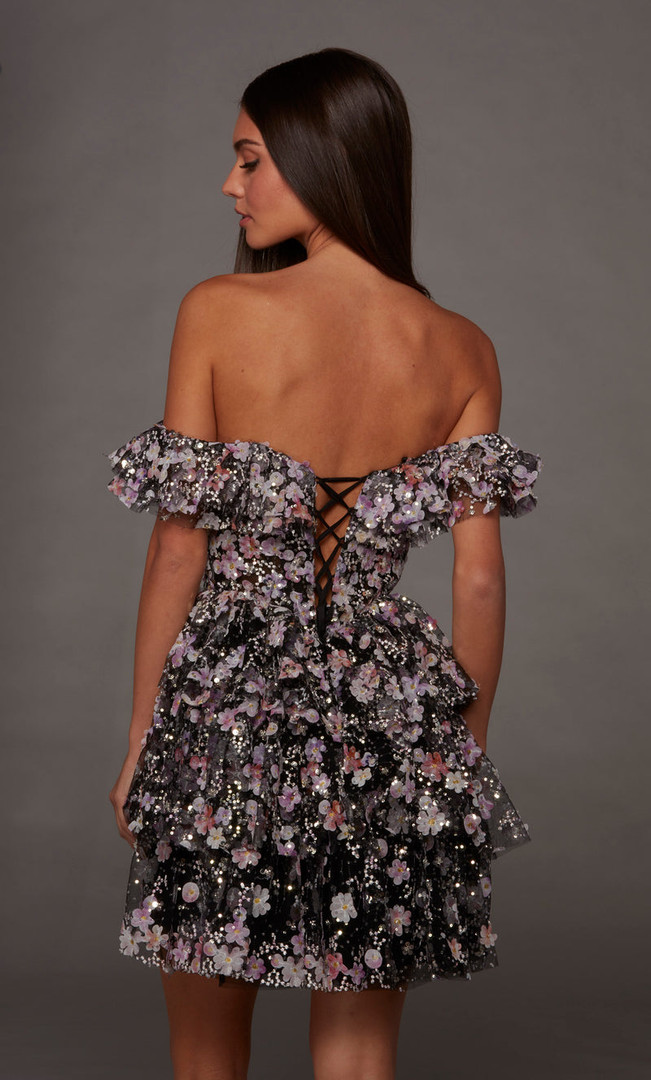 Alyce Paris 30115 3D Flower Ruffles Off Shoulder Short Dress