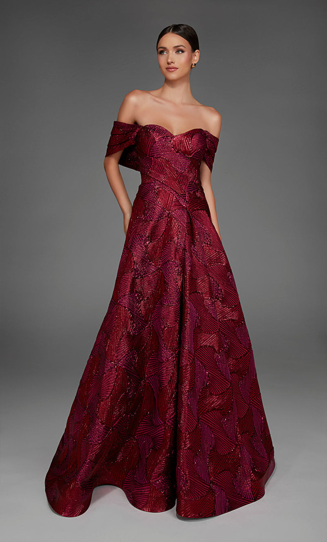 Alyce Paris 27884 Jacquard Off Shoulder Neck A-Line Dress