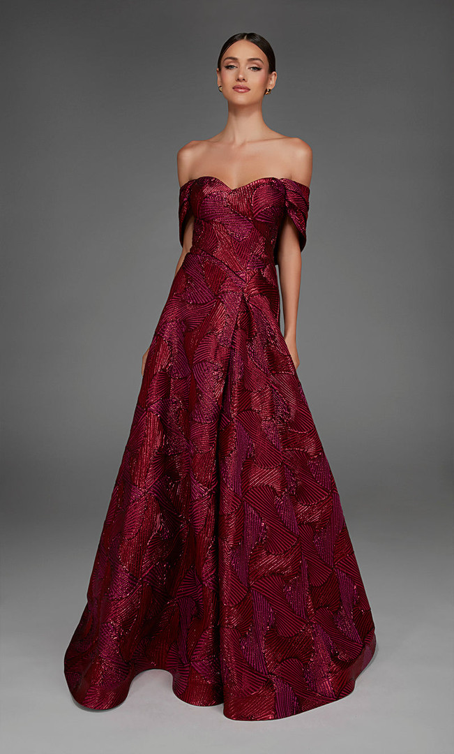 Alyce Paris 27884 Jacquard Off Shoulder Neck A-Line Dress