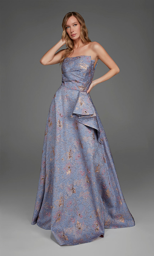 Alyce Paris 27893 Jacquard Off The Shoulder Waterfall Dress