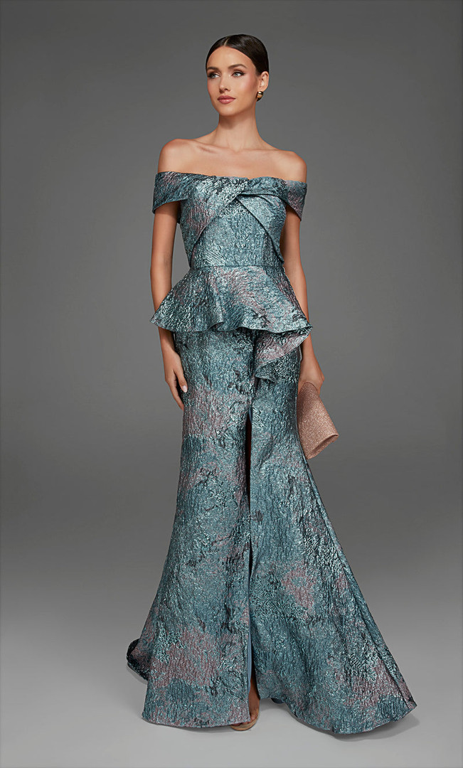 Alyce Paris 27899 Jacquard Off The Shoulder Waterfall Dress