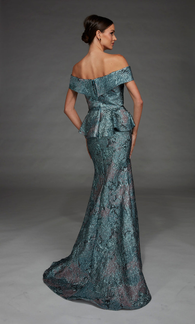 Alyce Paris 27899 Jacquard Off The Shoulder Waterfall Dress