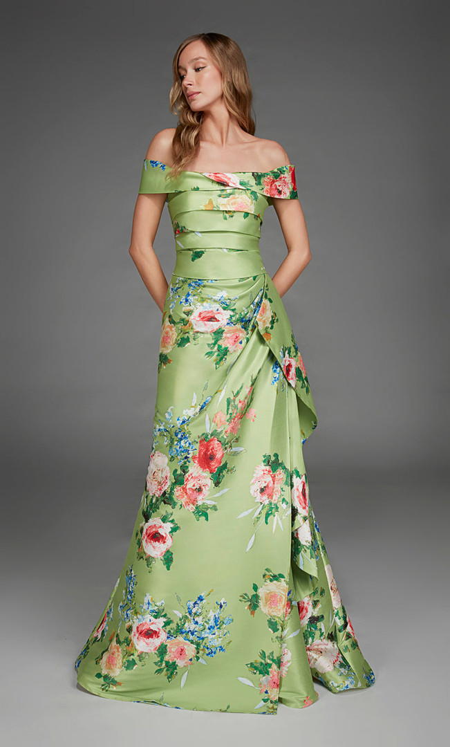 Alyce Paris 27915 Printed Mikado Off Shoulder Ruched Dress