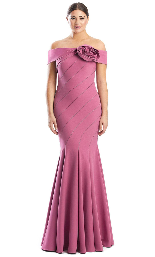 Alexander by Daymor 1761S23 Rosette Off Shoulder Pleats Gown