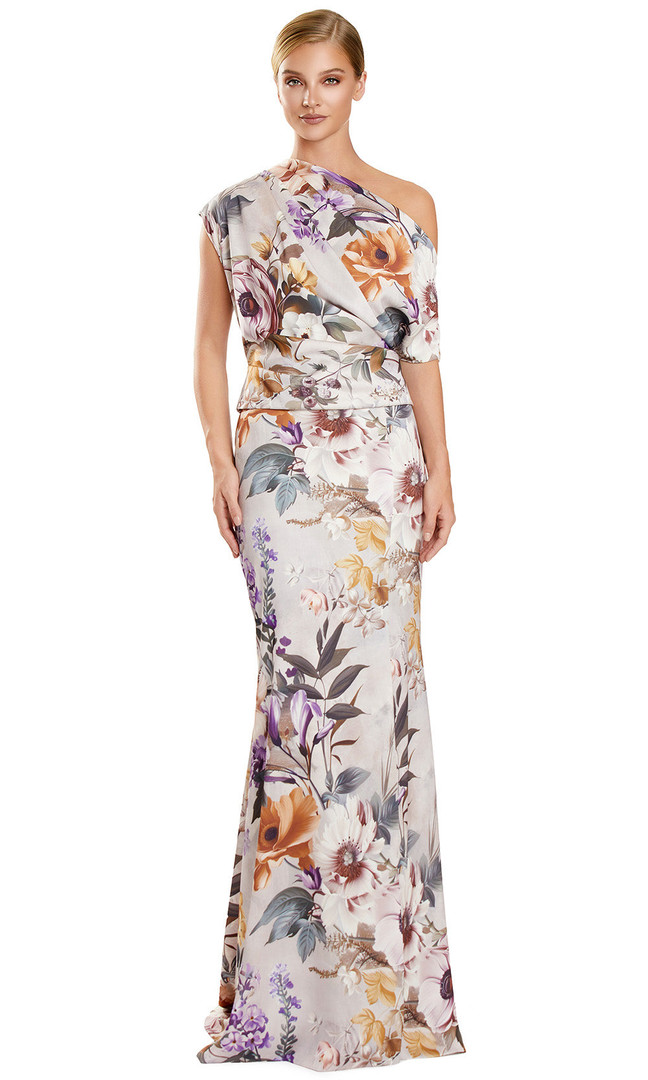 Alexander by Daymor 3140F25 Floral Print Asymmetric Gown