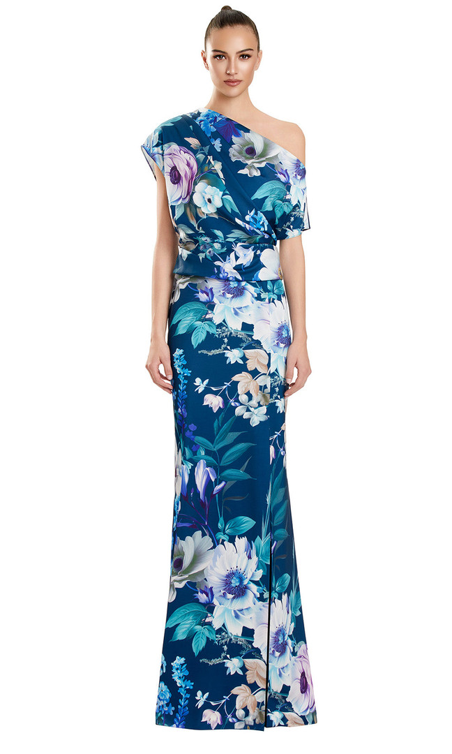 Alexander by Daymor 3140F25 Floral Print Asymmetric Gown