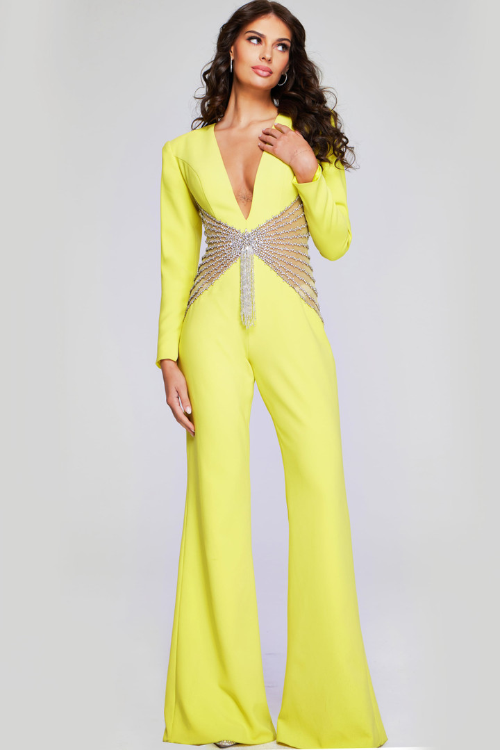Jovani 26318 Scuba Embellished Fringe Plunging Neck Jumpsuit
