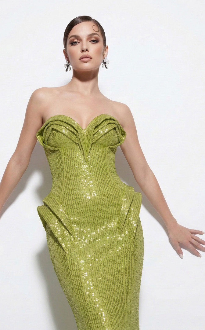 MNM Couture 2263B Sequin Pattern Curved Neck Strapless Gown