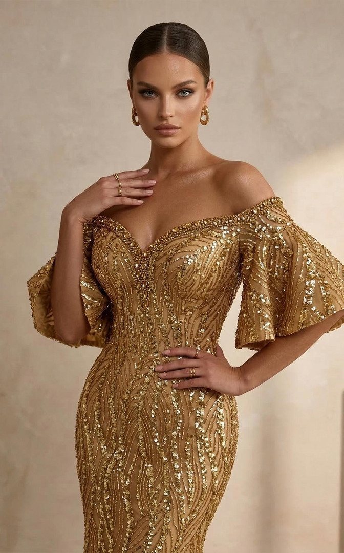 MNM Couture 2529A Sequin Embellishments Off-shoulder Dress