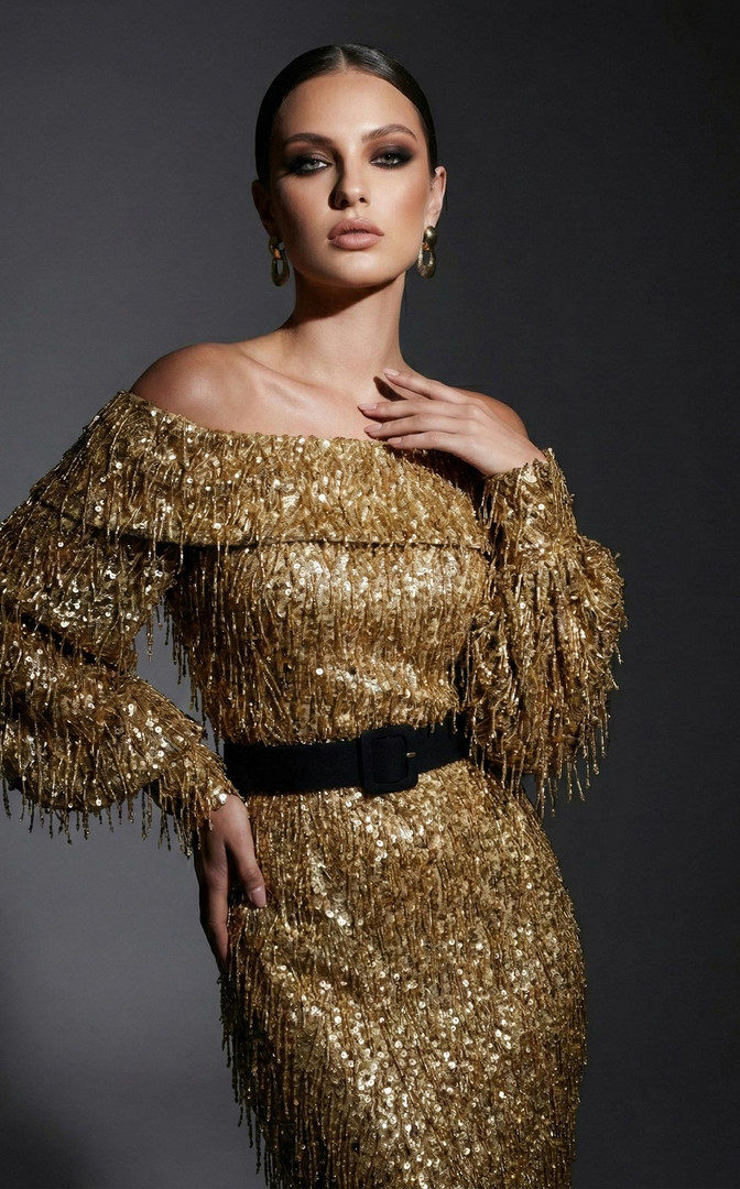 MNM Couture 2752A Sequin Off-shoulder Long Sleeves Gown