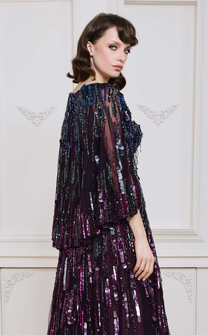 MNM Couture B1146 Embellished Cape Overlay Full-Length Gown