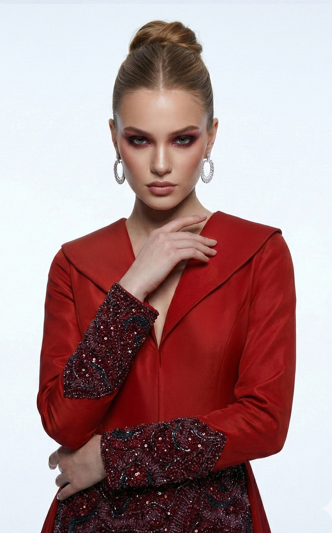 MNM Couture B1177 Flattering V-neckline Long Sleeves Gown