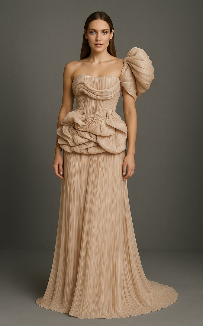 MNM Couture B1181 Chiffon Straight Neck Oversize Ruffle Gown