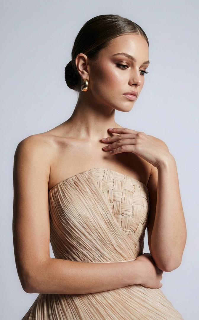 MNM Couture B1186 Woven Peplum Strapless Pleated Long Gown